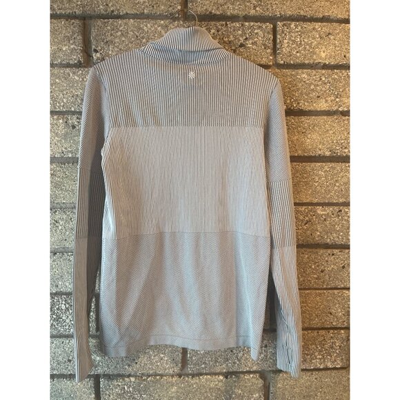 Athleta Womens Striped Long-Sleeve Turtleneck Top L Gray & White Ribbed Design - Picture 6 of 7